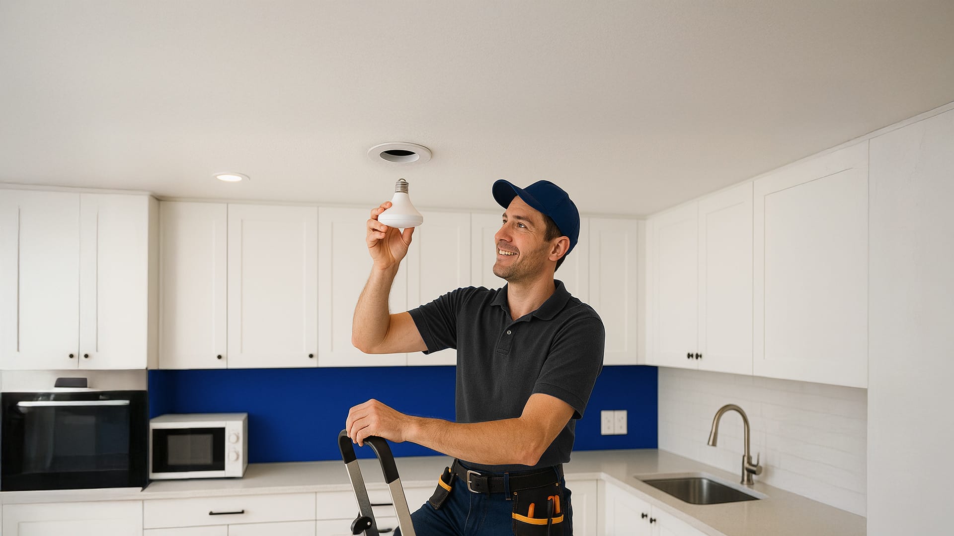 electrician installing a led light bulb