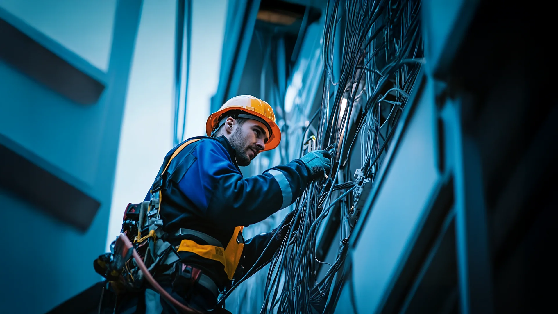 electrician on a ladder working on wires