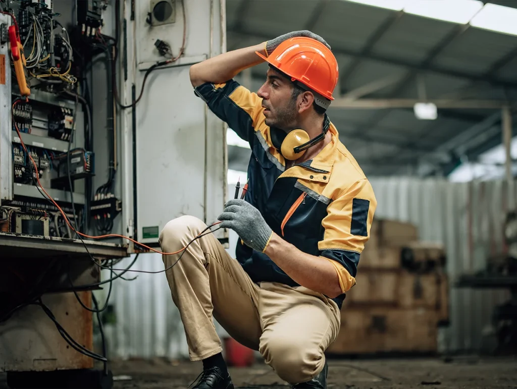employee looking at a broken down electrical system confused on what to do next