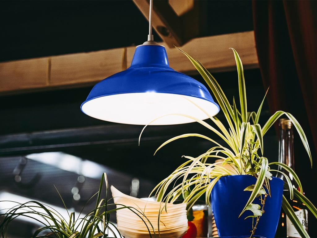 blue light hanging from roof