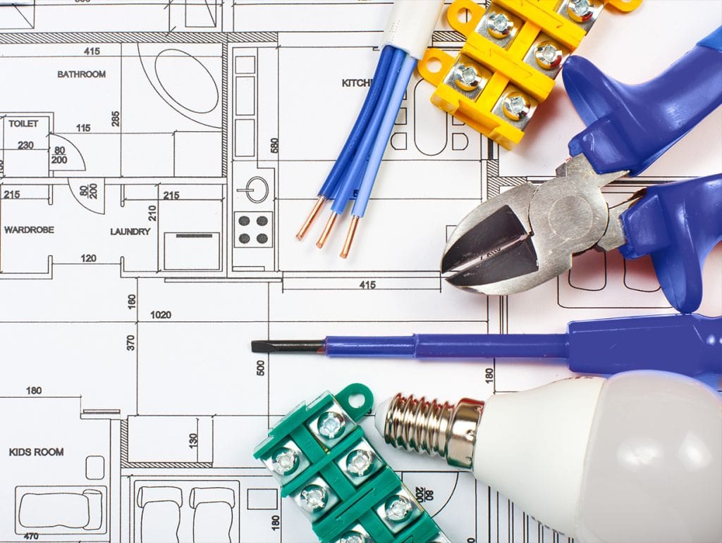 blueprints and electrical tools