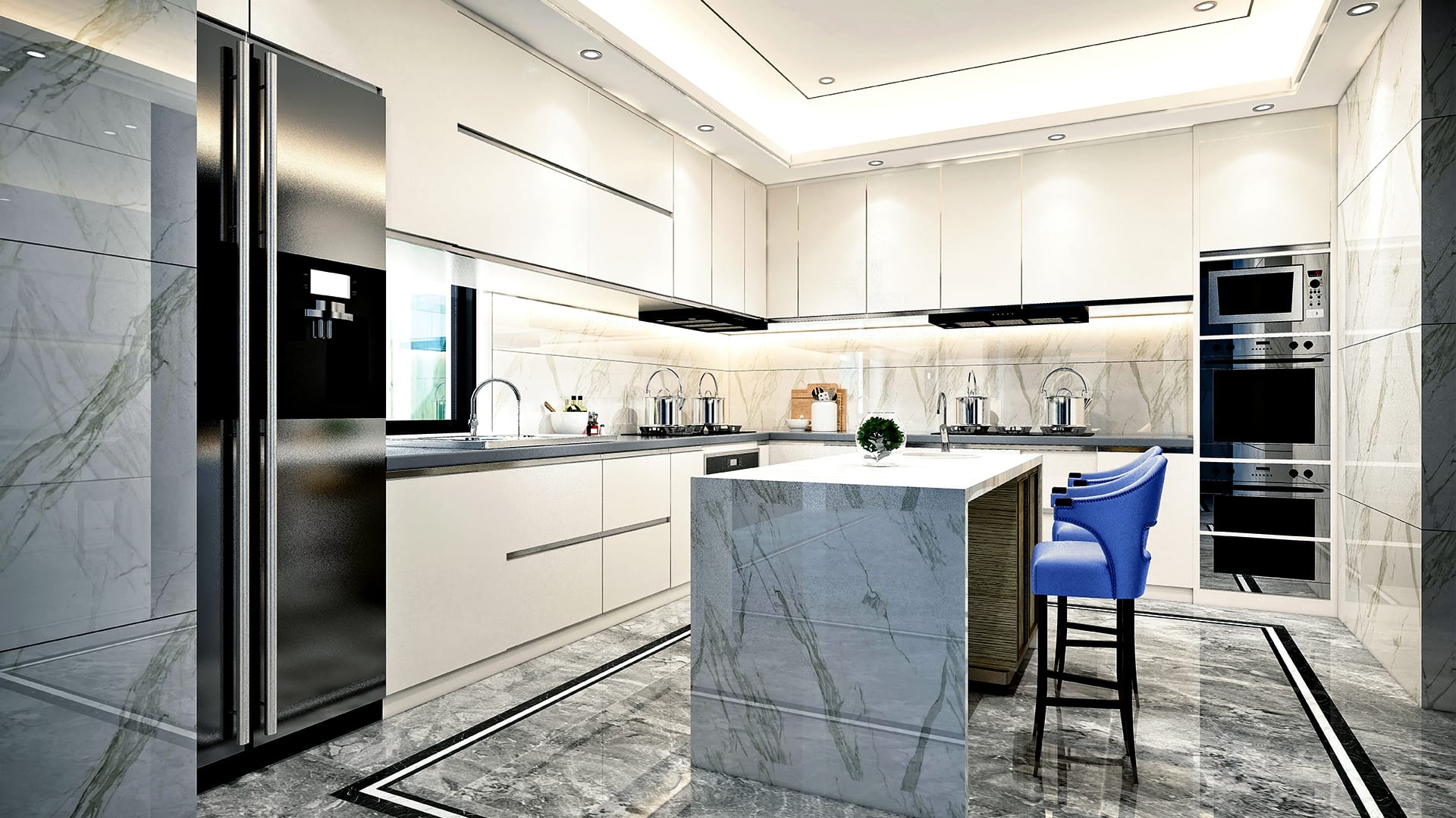 Kitchen with great lighting and marble countertops